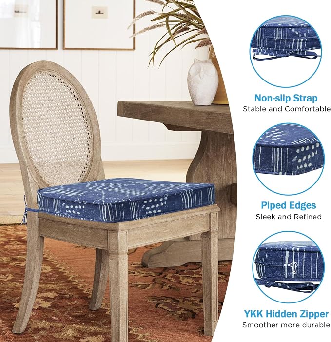 17 x 16 Inch Outdoor Chair Cushions with Tie Straps, Set of 4 Thick Water Repellent Round Patio Chair Pads for Garden Lawn Patio Furniture, Cobalt Grid