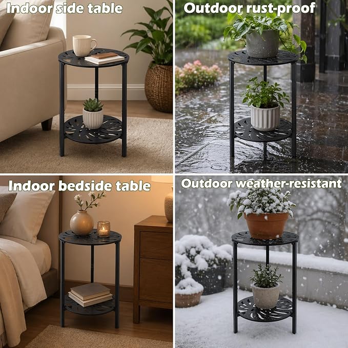 2-Tier Metal Round Side Table Black Accent Coffee Tables Small Space Corner Plant Stand Shelf for Indoor Outdoor Use Patio Balcony End Table Laser-Cut Monstera Leaf Weather-Resistant