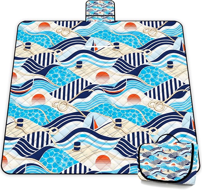 Extra Large Picnic Blanket Waterproof,80"x 80"Foldable Machine Washable Outdoor Blanket,Blue Beach Blanket for 6-8 Adults,Picnic Mat Suitable for Indoor Crawling,Park Beach,Camping,Hiking,Travel
