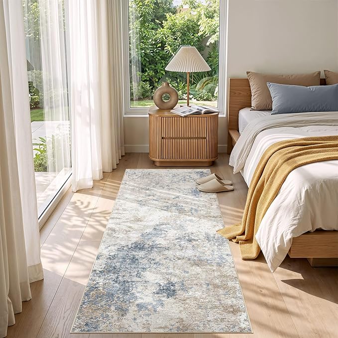 Nakagishi 2x6 Abstract Washable Area Rugs for Entryway-Blue Brown | Modern Non-Slip Silicone Backing Low Pile Soft Carpet for Bedroom Dining Decor for Families with Kids and Pets