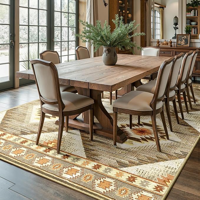 Area Rug 8x10 Rug Machine Washable Non-Slip Low Pile Print Pattern Western Rug for Living Room Bedroom Entryway Tribal Series -Cream/Camel | Soft Western No Slip Low Pile Print Foldable Indoor for Kitchen Dining Room