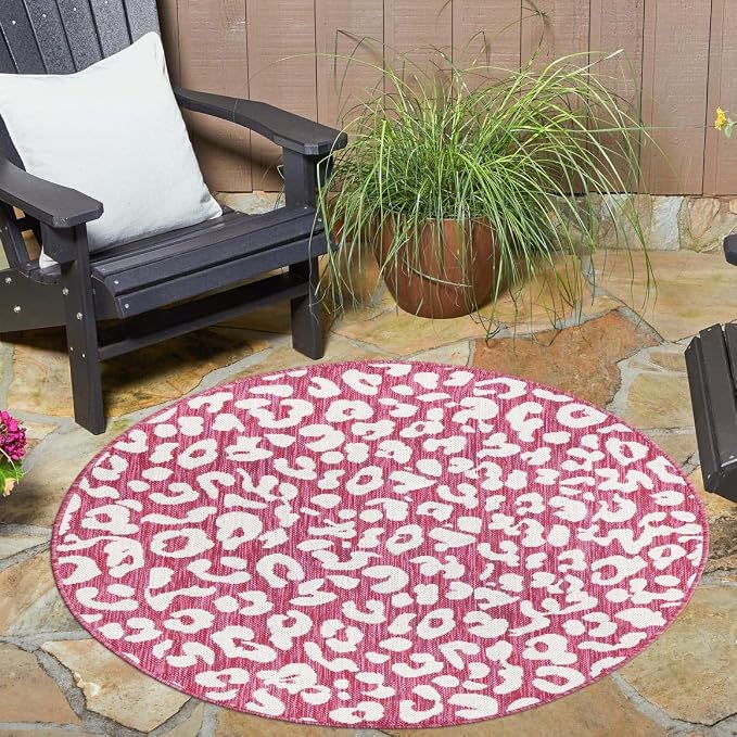 Unique Loom Outdoor Safari Collection Area Rug - Leopard (13' Round, Magenta/ Ivory)