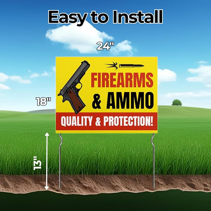 Firearms & Ammo - Quality & Protection! Yard Sign by DC | 24"x18" Double Sided Conv. Store Garden Sign with 13” Metal Stakes | Outdoor Signs Waterproof for Lawn, Patio, Sidewalk & House | Set of 2