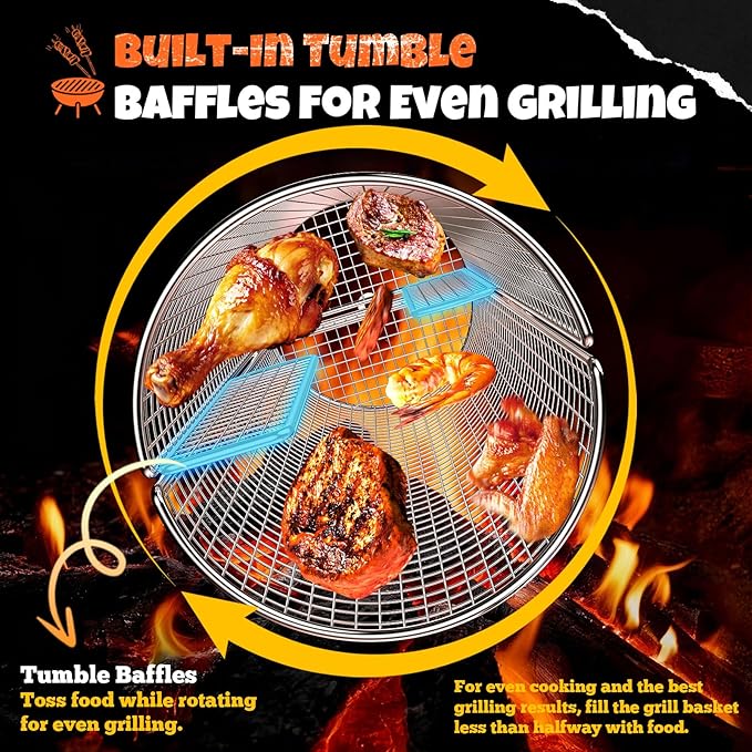2-in-1 Rolling Grill Basket with Dual Handles, 304 Stainless Steel Rotatable BBQ Basket with Crank Handle & Straight Grip Handle, Grill Net for Vegetables, Shrimp & More, Gift Idea for Men, Dad, Husband