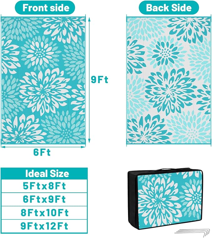 HEBE Waterproof Outdoor Rug 6x9 for Patios, Floral Reversible Plastic Straw Rug Patio Mat, Indoor Outdoor Carpet RV Mat Camping Rug for Deck, Camper, Porch, Balcony, Backyard, Picnic