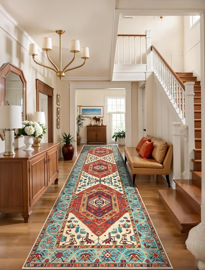 SERISSA 3x10 Washable Non Slip Boho Runner Rug for Hallway，Orange | Ultra Soft Vintage Oriental Carpet Low-Pile Tribal Floor Carpet for Stair Kitchen Bedroom Bathroom Laundry Room