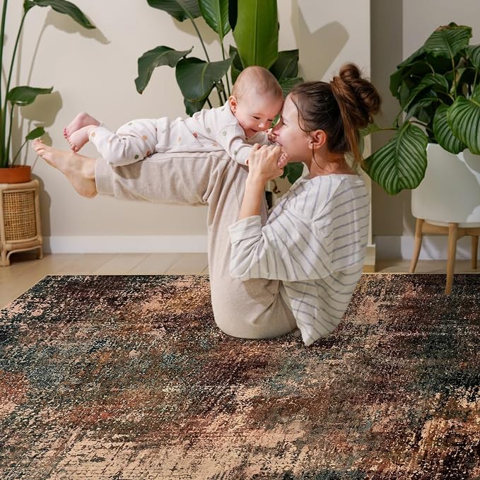 Toneed Washable 5x7 Area Rug with Non-Slip Backing for Living Room | Abstract Modern Rugs, Soft Low Pile Carpet for Bedroom Kitchen Dining Room Nursery Indoor Floor Home Decor, Dark Earthy Tone