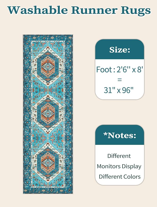 SERISSA 2'6"x8' Washable Non Slip Boho Runner Rug for Hallway，Blue | Ultra Soft Vintage Oriental Carpet Low-Pile Distressed Tribal Floor Carpet for Kitchen Bedroom Bathroom Laundry Room