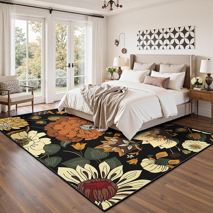 Tyrot Black Boho Floral Living Room Rug, Ultra Thin Flat Woven 5x7 Rug Washable Botanical Area Rugs Non Slip Low Pile Mid Century Modern Carpet for Bedroom, Dining Room, Office