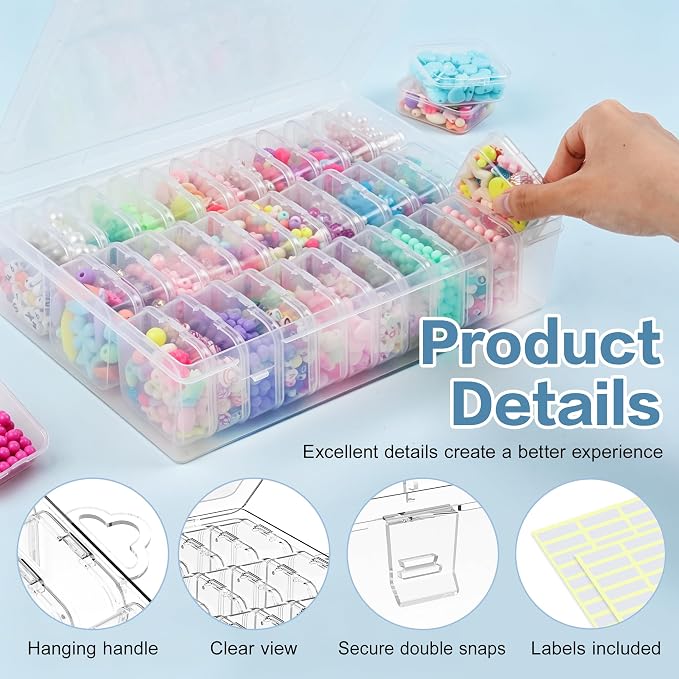 Bead Organizer Box, 72 Pcs Mini Clear Bead Storage with Hinged Lid and Labels, Small Plastic Containers for Jewelry Making, DIY Craft, Diamond Painting, Screws, Nail Art, and Seeds (2 Pack)