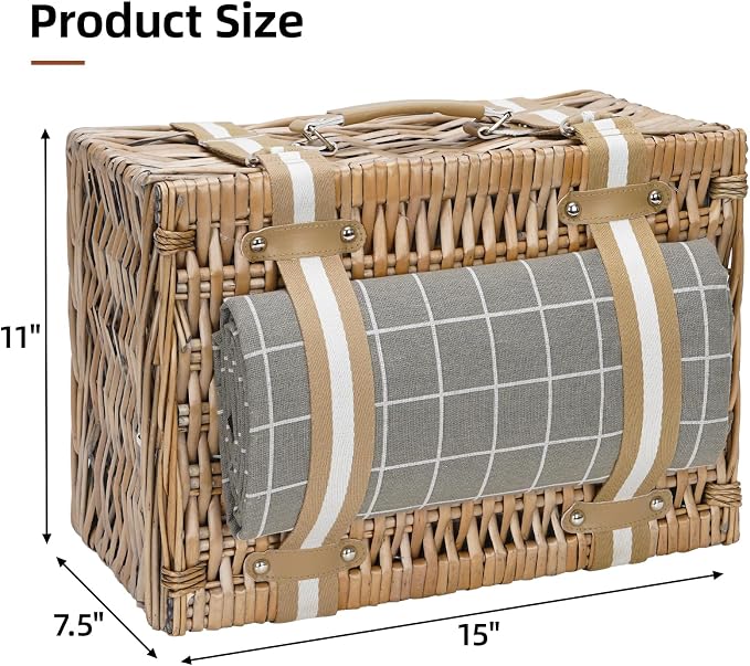 Wicker Picnic Basket for 2 - Willow Basket with Waterproof Picnic Blanket | Willow Picnic Set with Insulated Cooler | Wicker Hamper with Cutlery Kit | Gift Basket for Christmas, Thanks Giving, Grey