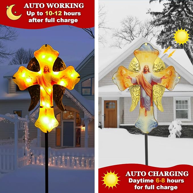 Solar Jesus Cross Garden Lights for Graves - Angel Wing Memorial Decor, Waterproof Cemetery Solar Stake Lights for Easter, Patio, Yard - Sympathy Gifts for Loved Ones1.