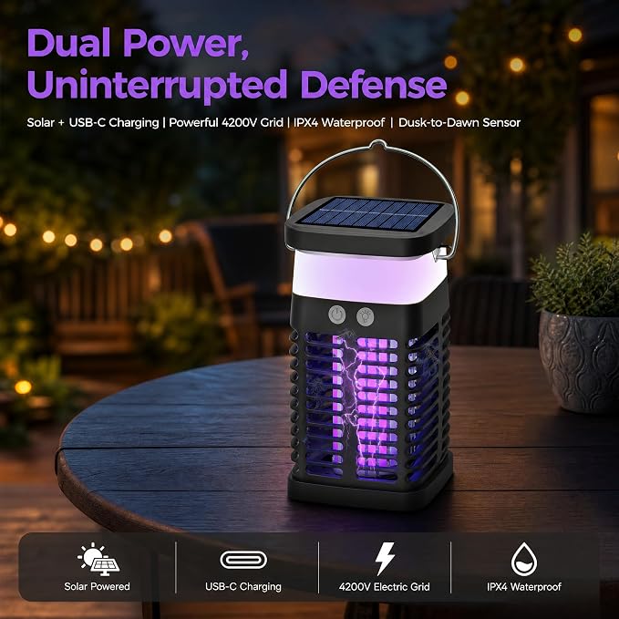 Solar Bug Zapper Outdoor & Indoor, 4200V Electric Mosquito Killer w USB Rechargeable 4000mah Battery, Waterproof Fly Trap for Gnat, Fruit Fly, Moths, Portable Pest Control for Indoor, Outdoor