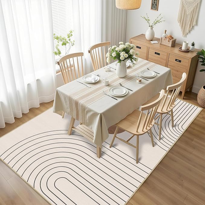 Boho Rug 4x6 Modern Geometric Minimalist Abstract Area Rug for Living Room Neutral Beige Mid Century Modern Contemporary Machine Washable Non-Slip Printed Low-Pile Carpet Dining Room Bedroom Office