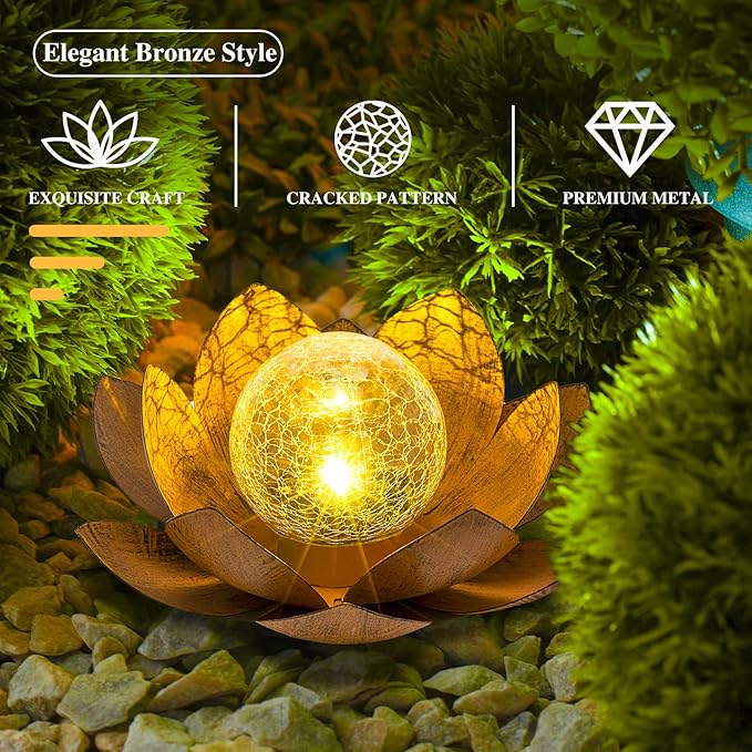AIINY Solar Light Outdoor(2Pack), Art Crackle Globe Glass Lotus Decoration, Solar LED Waterproof Metal Flower Lights for Patio,Lawn,Walkway,Tabletop
