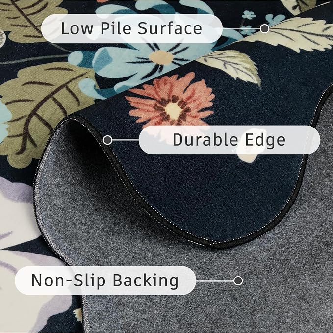 DCX Vintage Floral Washable Area Rug 3x5, Non Slip Low Pile Rug, Black | Rugs for bedroom, living room, dining room, office, soft, kid & pet friendly, sain resistant indoor carpet, home decor