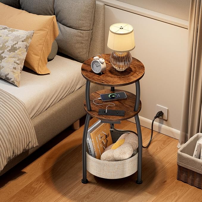 Side Table with Charging Station, Small Round End Table with Basket, USB and Type C Port, 3 Tiers Sofa Couch Table for Living Room Bedroom, Small Spaces, 11.81in Rustic Brown