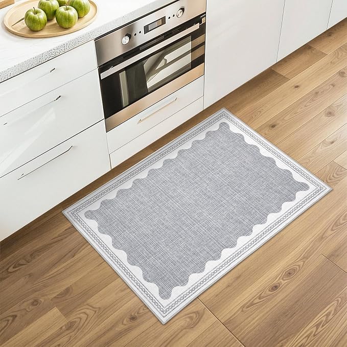 2x3 Scalloped Area Rugs Grey Washable Entryway Bedroom Rug | Solid Small Area Rug Non Slip Scalloped Bath Mat, Front Door Mat Indoor Entrance,Soft Girls Nursery Dorm Carpet for Kitchen