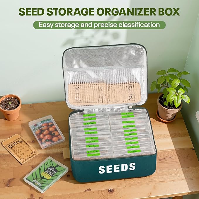 22 Slots Seed Storage Organizer Box with 30 Seed Envelopes & 84 Labels, Large Capacity Seed Packet Organizer Case, Waterproof Oxford Fabric Seed Vault Container for Garden Seed Organizer, Green