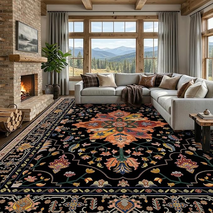 RELEANY Washable Area Rug, Large 10'x14', Black/Colorful | Non-Slip, Water Repellent, Pet Friendly, Easy to Clean, Vintage Floral Boho Decor for Living Room Bedroom Dining Room