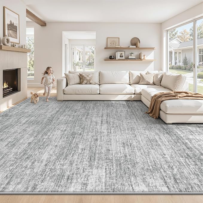 9x12 Area Rugs Living Room Rug: Washable Modern Abstract Rugs Neutral Non Slip Rug Soft Low Pile Indoor Bedroom Carpet for Nursery Office Dining Room Kids Room (Grey, 9'x12')