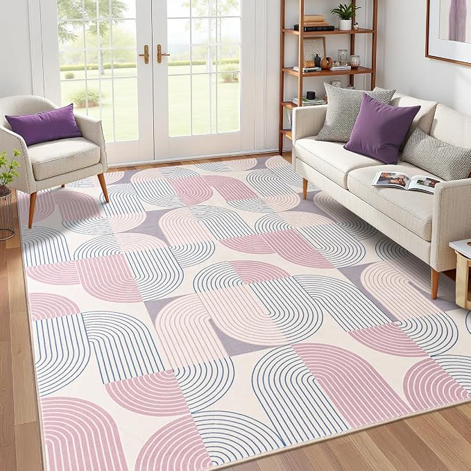 9'x12' Area Rug for Living Room, Washable Modern Abstract Soft Carpet | Low Pile, Indoor Floor Non Slip Stain Resistant Large Carpet for Bedroom Dining Room Farmhouse Nursery Home Office, Purple