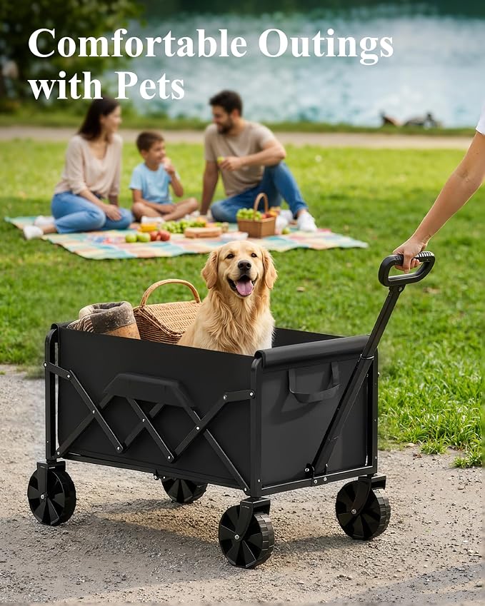 Kitsure Collapsible Wagon with Wheels, Foldable Dog Wagon Carts with 200lbs Load Capacity, Utility Shopping Cart, Black, 28.0" x 17.0" x 36.0"