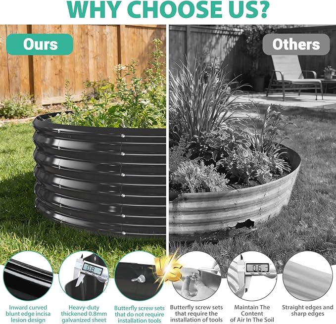 YSEJOMP 17" Tall Round Outdoor Garden Raised Garden Bed Kits-0.8MM Thick Metal Raised Planter Bed/Ground Planter Box for Variety of Flowers,Herbs,Vegetables,Trees (Black, 48 Dia X 16.5inches)