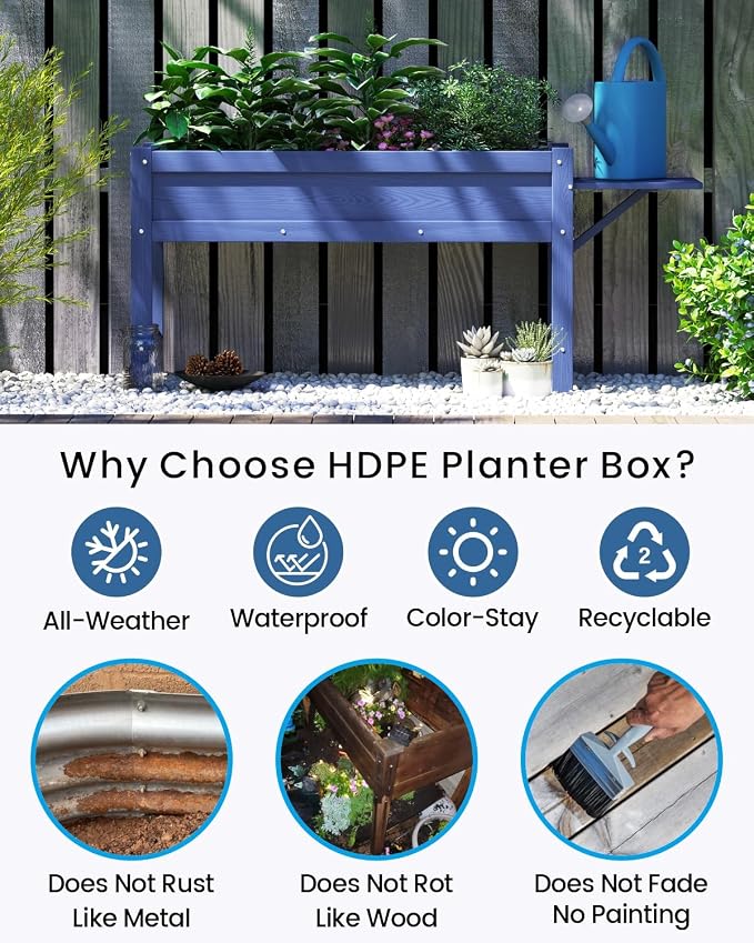 HDPE Raised Garden Bed with Legs, 49x21x27in All-Weather Heavy Duty Planter Box, Outdoor Elevated Garden Bed for Seeds, Herb, Flower, Vegetable (Navy Blue)