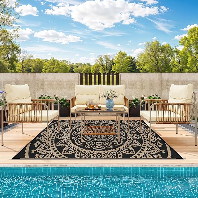 Bsmathom Waterproof Outdoor Rug, 5'x8', Black | Reversible, Boho Plastic Straw, Portable RV Mat, For Patio, Deck, Camping, Porch, Balcony, Backyard, Beach, Pool