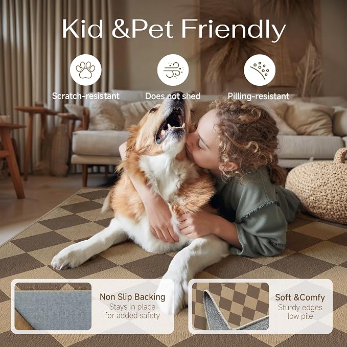 PureCozy 9x12 Checkered Easy Jute Area Rug for Living Room Large Checkerboard Washable Indoor Outdoor Carpet Farmhouse Patio Office Mat Geometric Non Slip Brown Carpet for Backyard Dining Room