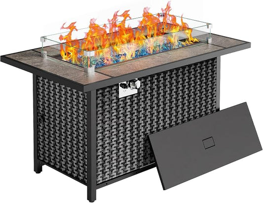 Ciays 43" Propane Fire Table, with Ceramic Top, Wind Guard, Lid, Glass Rock