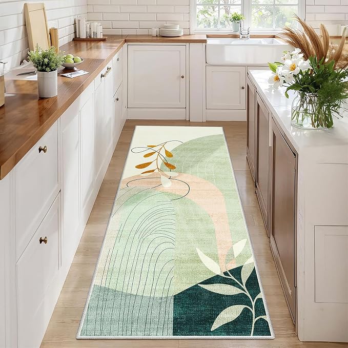 Washable Runner Rug 2x6 Area Rug Non Slip Mid Century Modern | Long Throw Carpet Runner for Hallway Kitchen Bedroom Bedside Laundry Room Floor Boho Abstract Retro Geometric Green