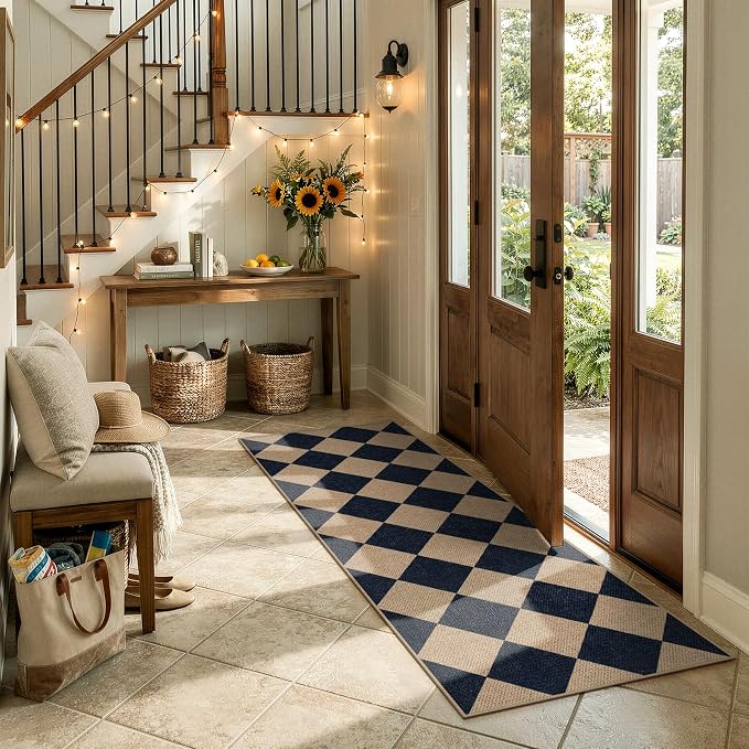 Lahome Checkered Easy Jute Non Slip Runner Rug, 2x6 Kitchen Runner Rug Washable Outdoor Rug for Entryway Indoor, Checkerboard Black Indoor Outdoor Carpet for Hallway 6ft Entry Front Door