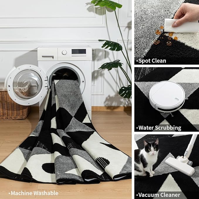 8x10 Black and White Modern Geometric Patchwork Washable Area Rug | Stain-resistant Low-pile Black and Grey Large Carpet, Non Slip Geometric Rug for Living Room Dining Room and Bedroom Floors