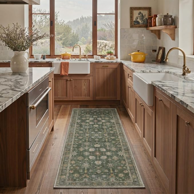 2x3 Doormat, Vintage Floral Washable Non Slip Area Rug for Entrance | Floral Soft Low Pile Boho Small Rug for Entryway Bedside Kitchen, Stain Resistant Lightweight Easy Care Rug, Dusty Green