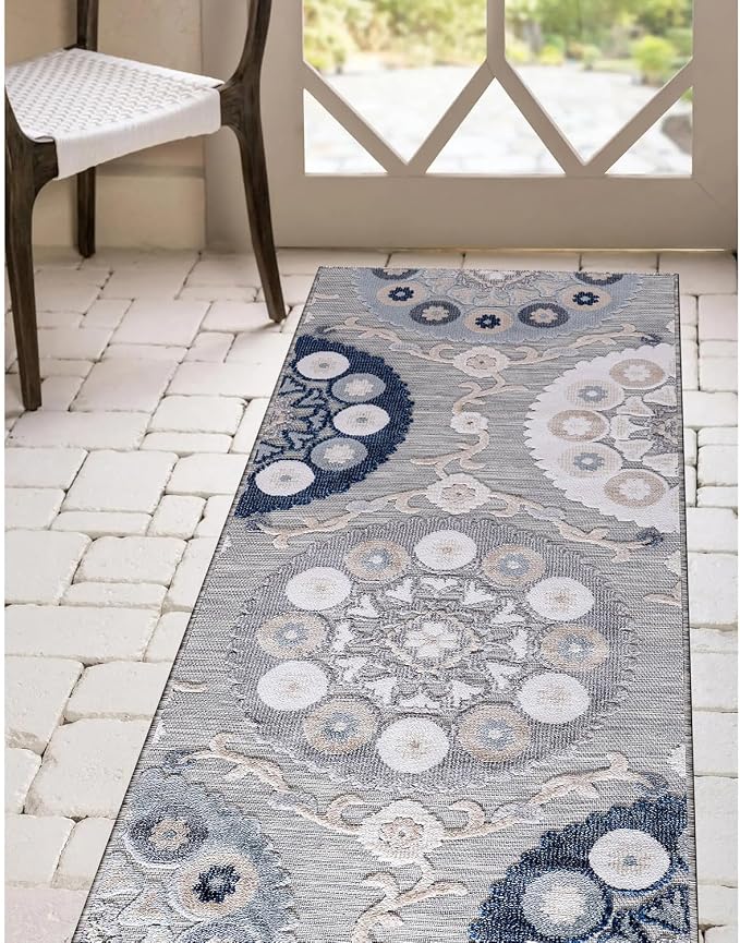 CAMILSON Runner Outdoor Rugs Oriental Retro Traditional Floral Medallion Area Rug 2x10 Non-Shedding Stain Resistant Indoor Carpet for Bathroom Hallway Kitchen Office (2 x 10 / Blue)