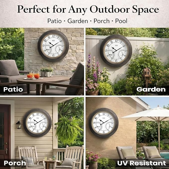 Pytha Sight 24 Inch Outdoor Clocks Waterproof, Large Easy-to-Read Illuminated Outdoor Wall Clock with Smart Light Sensor, Silent Large Outdoor Clock for Patio, Pool,Porch,Garden,Backyard