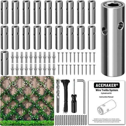 Wire Trellis for Climbing Plants Outdoor, 20-Set Wall Wire Trellis Kit, T316 Cylindrical Espalier System for Fence and Garden DIY Projects (Hubs Only, Without Cable)