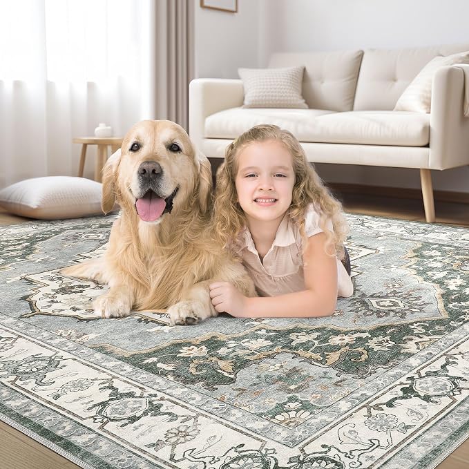 8x10 Washable Area Rug: Vintage Neutral Soft Non Slip Thin Large Floor Carpet for Living Room Bedroom Kitchen Dining Room Home Office Farmhouse Indoor - Green