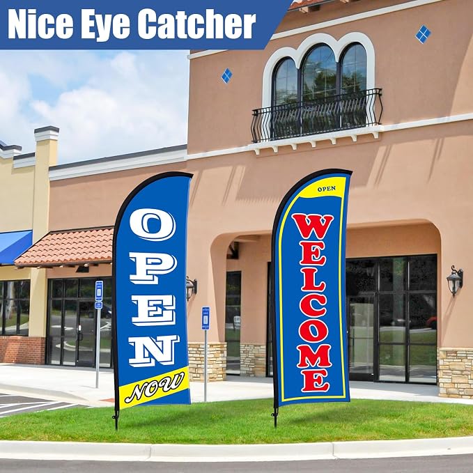 Buryeah 2 Sets Now Open Flag Banner for Business Advertising 7 ft Feather Flag Sign with Flagpole Ground Stake Portable Bag(Blue)