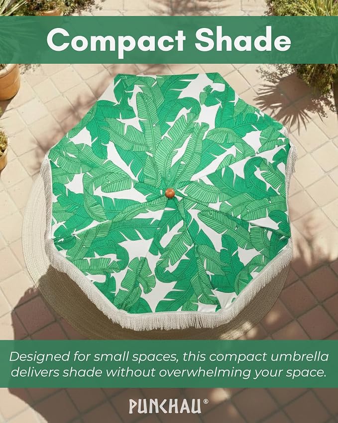6 Ft Fringe Patio Umbrella - Outdoor Umbrella for Patio, Pool, Table, Garden, Deck, Beach, and Outdoors - Fashionable Boho Vintage Tassels & Wood Print - Push Button Tilt Pole