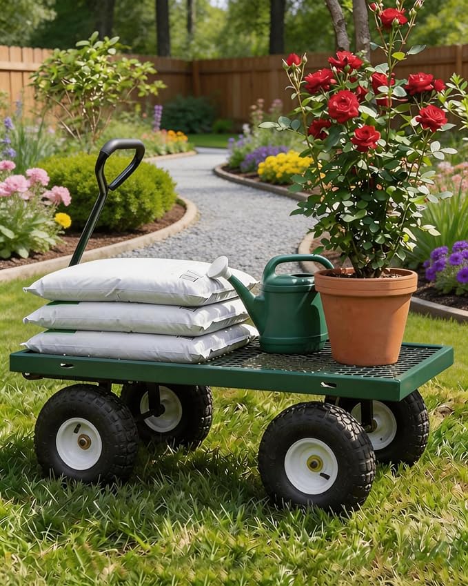GarveeTech 800LBS Heavy Duty Steel Garden Cart, Garden Wagon Cart on Wheels, Metal Yard Utility Wagon with Removable Mesh Sides, 10" All Terrain Tires, 180° Rotating Handle for Lawn, Garden, Farm