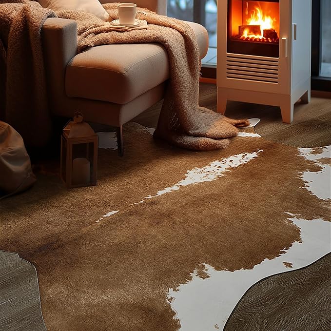 BENRON Small Faux Cowhide Rug, Cow Print Rug for Kitchen Hallyway 2.9X 3.9 | Western cow hide rug for Home Decor, Washable Rugs with Irregular Animal Skins and Hides, Non Slip, Khaki Brown