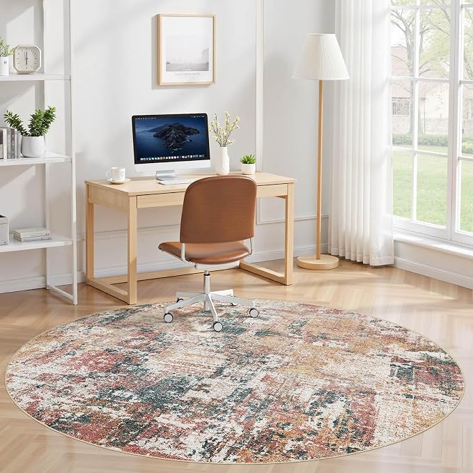 Tortania Washable 10' Round Area Rug for Living Room: Modern Abstract Neutral Large So' Thin Rugs - Non Slip Indoor Carpet for Bedroom Dining Room Office Nursery Home Floor Decoration - Colorful Multi