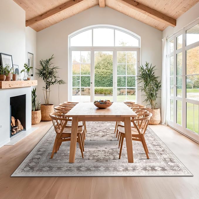 Washable Farmhouse Living Room Rug, 8x10 Area Rugs for Bedroom, Dining Room Under Table Carpet, Kids Room, Large Boho Vintage Non-Slip Floral Rugs Low Pile Stain Resistant (8x10 Beige/Latte)