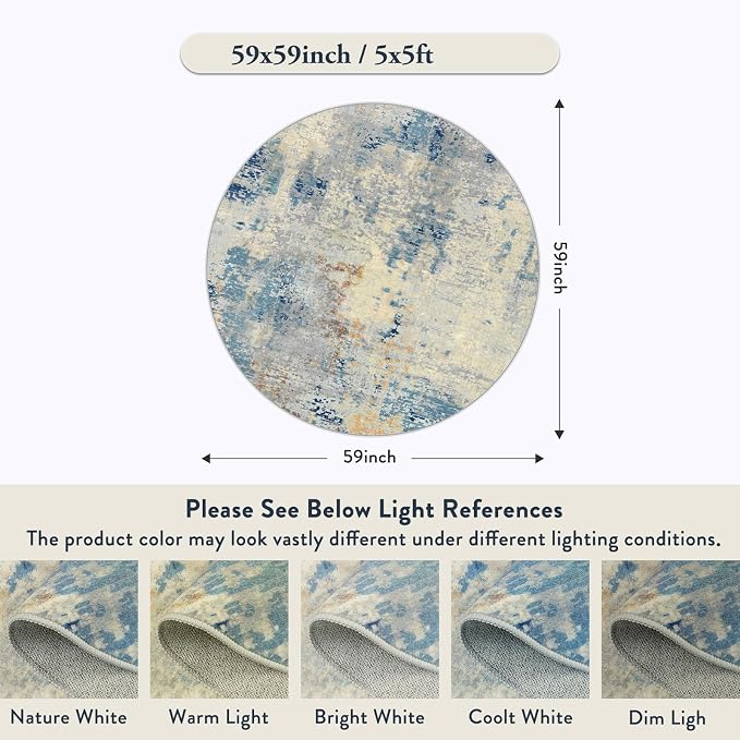 Lahome Washable Round Rug 5Ft, Blue Modern Abstract 5x5 Circle Rugs for Living Room Bedroom, Soft Contemporary Large Indoor Carpet for Kitchen Apartment Basement Home Office