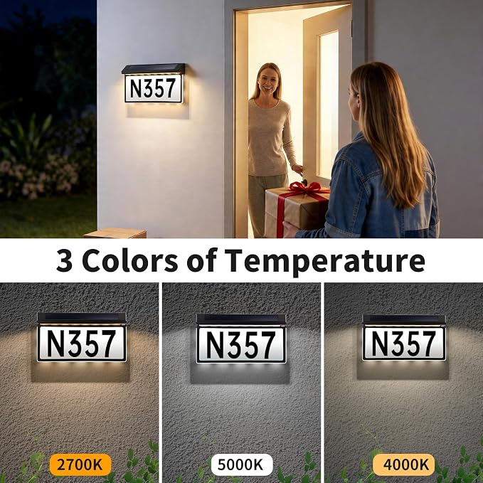 Solar House Numbers Sign, 56 LEDs 3-Color Adjustable (Warm/Cool/Natural White), IP65 Weatherproof, 2000mAh Battery Solar Address Sign for Home Mailbox Driveway Garden
