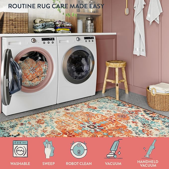 Lahome Reine Boho Rugs for Living Room 8x10, Washable Bedroom Area Rug Soft Low Pile Dining Room Rugs for Under Table,Vintage Non Slip Indoor Floor Carpet for Playroom Office (8x10 Orange)
