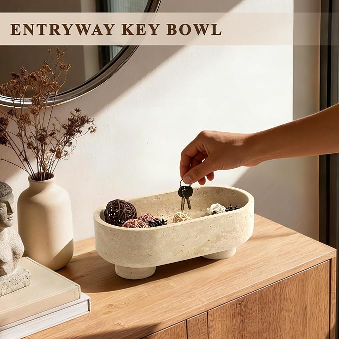 LIN CHUAN Natural Oval Travertine Stone Fruit Bowl for Kitchen Counter | Two-Legged Decorative Pedestal Bowl for Dining Table Decor, 10" Luxury Entryway Catchall Purse Bowl - Travertine